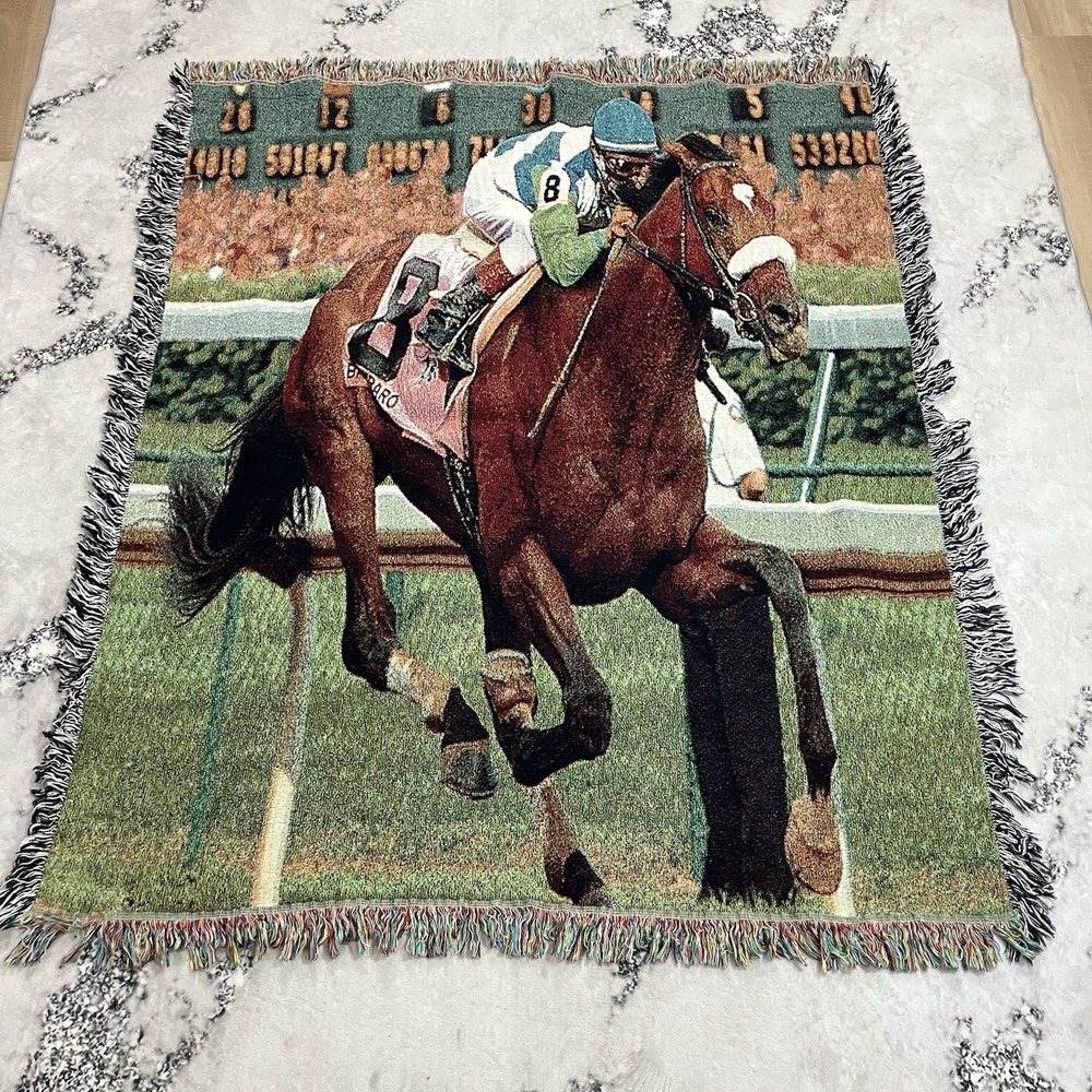 Horse Racing Tapestry Throw Blanket Jockey Thoroughbred Equestrian Woven Fringe